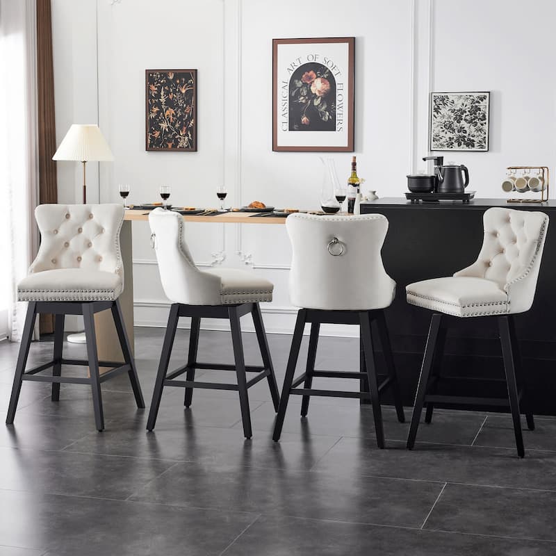 26"/29" Velvet Swivel Counter and Bar Height Stools Solid Wood Frame (Set of 4)
