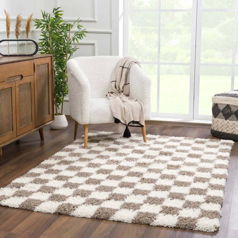 Hauteloom Atira Living Room, Bedroom Area Rug - Contemporary - Plush Pile - Light Gray,Cream - 7'10" x 10'3" - 6'7" x 9'6" - Cream, Brown / Atira