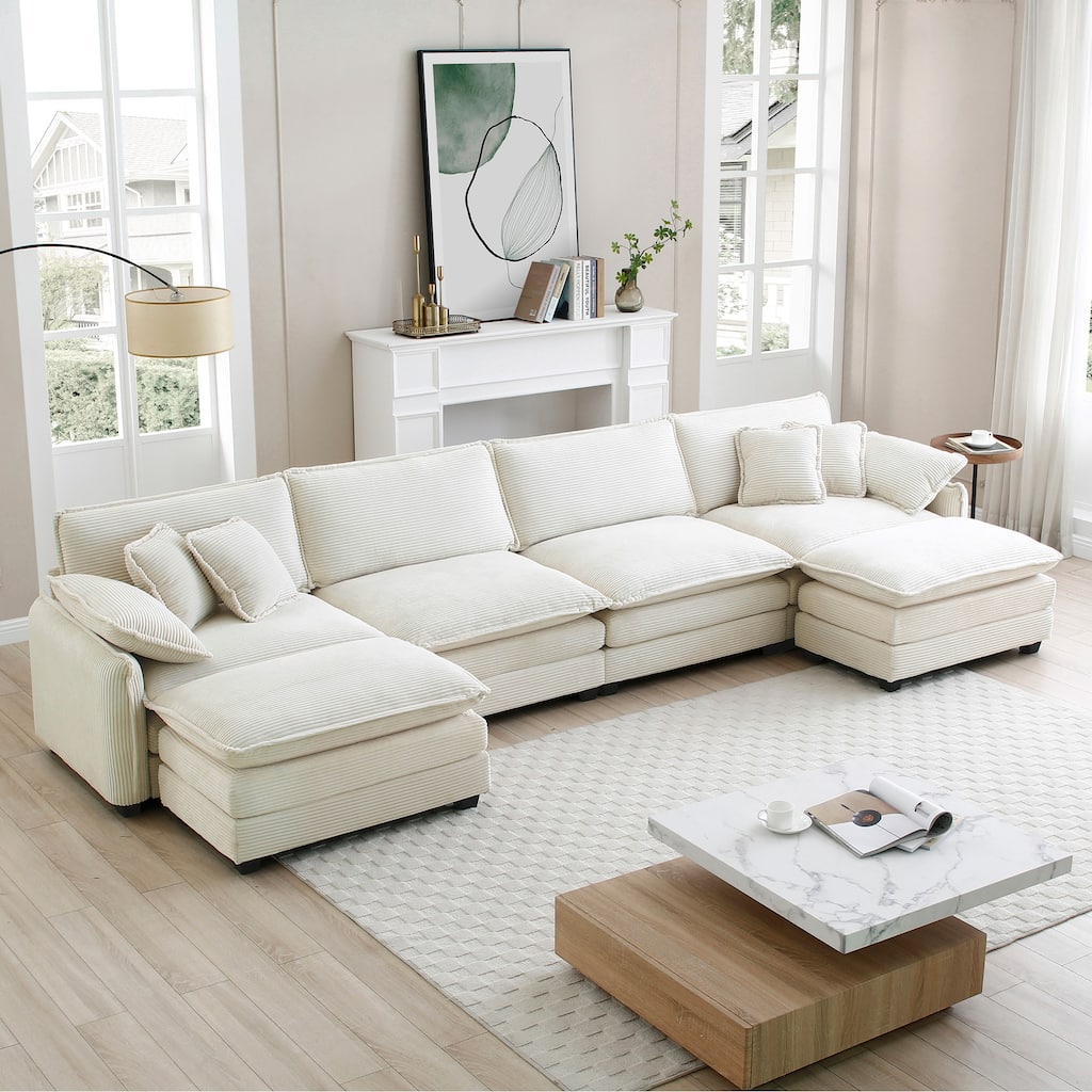 Beige 6-piece Corduroy U-Shaped Modular Sectional Sofa with 2 Ottomans