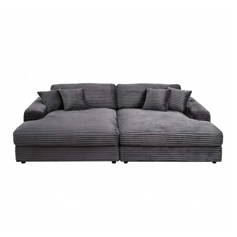 Corduroy Fabric Upholstered Sectional Sofa with 4 Pillows - Dark Gray