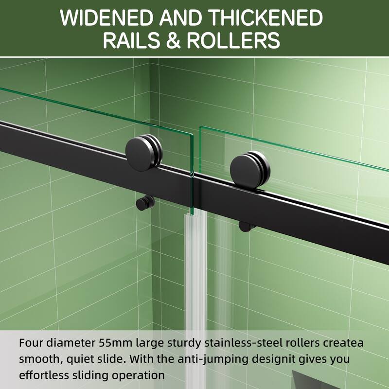 60x60 Frameless Bathtub Sliding Shower Door, 8mm Tempered Glass, Matte Black, Stainless Rollers, 4 in Adjustable