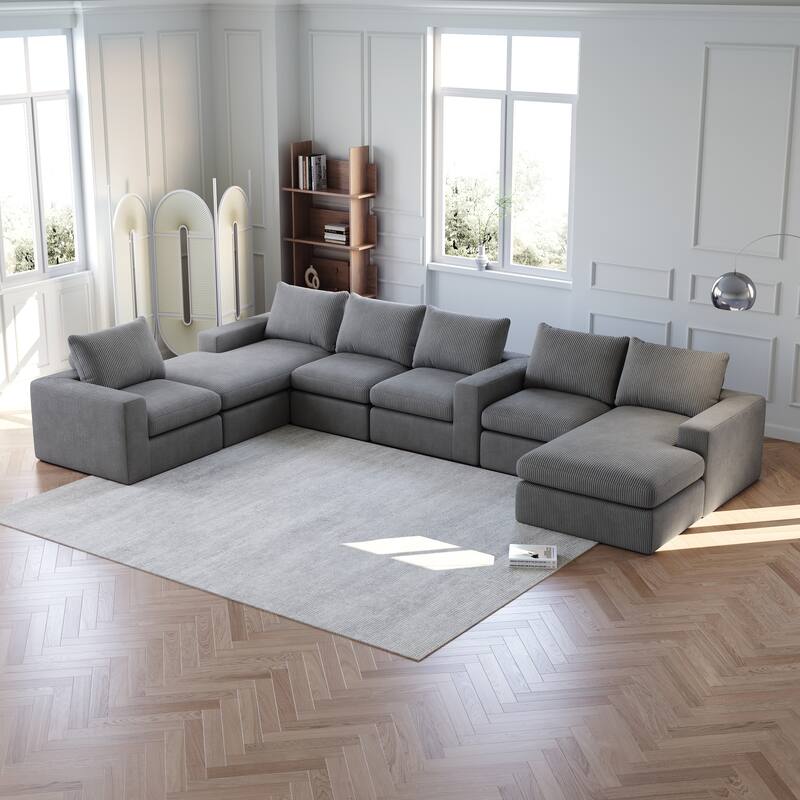 Corduroy Cloud Sectional Sofa with Chaise – L-Shaped Modern Upholstered Sofa - 6 Seat - Grey-6 Seats