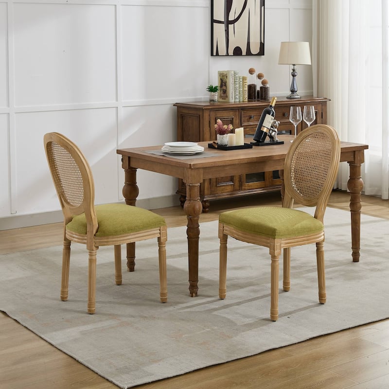 French Style Antique Painting Linen Fabric Rattan Back Dining Chair,Set of 2