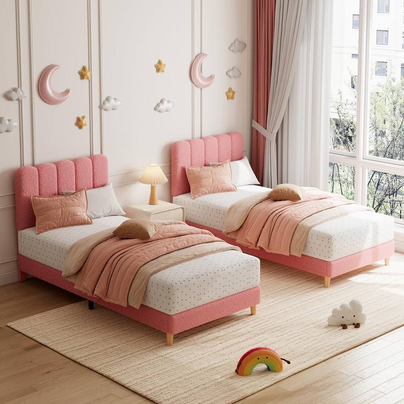 Twin Bed Frame, Boucle Upholstered Platform Bed with Wave Headboard for Girls/Kids, Easy Assembly,Wooden Slats Support
