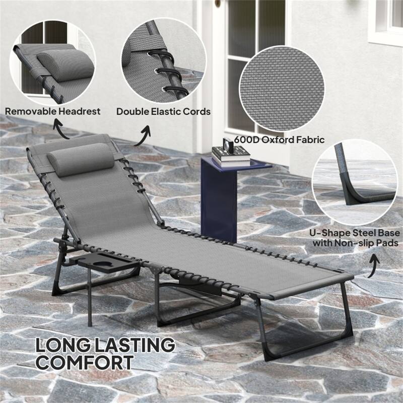Adjustable Reclining Sun Lounger with Side Tray Pocket and Padded Head Pillow Foldable Steel Frame Oxford Fabric