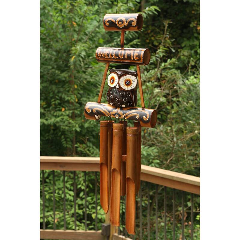 Handmade Wooden Owl Welcome Sign Bamboo Wind Chime Wood Statue Figurine Hoot Sculpture Patio Garden Outdoor Decor Handcraft