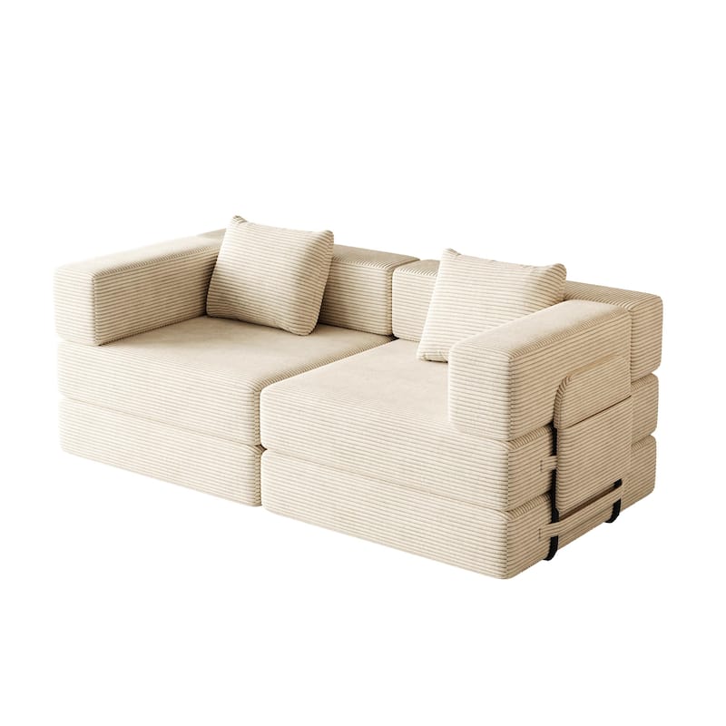 Folding Loveseat Sofa Convertible Sleeper Sofa Bed, Floor Standing Couch Bed Corduroy Floor Mats with Side Pockets and Pillows