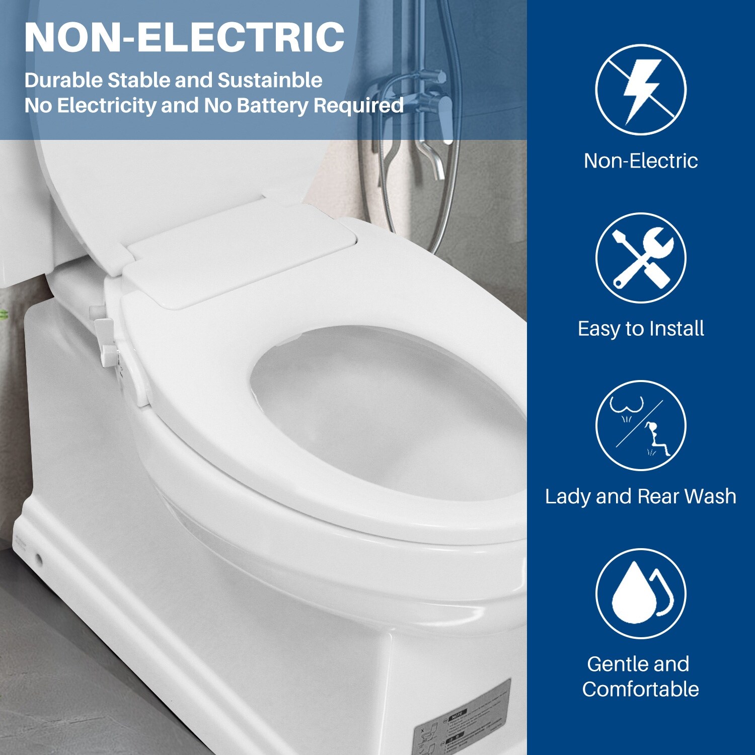 Non-Electric Bidet Toilet Seat – Elongated, Dual Self-Cleaning Nozzles, Rear & Feminine Wash, Brass Inlet Non-Electric Bidet Toilet Seat – Elongated, Dual Self-Cleaning Nozzles, Rear & Feminine Wash, Brass Inlet