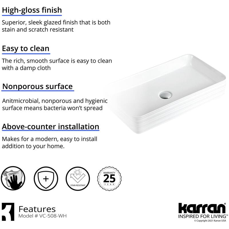 Karran USA VC-508 Valera 26-3/8" Rectangular Vitreous China Vessel