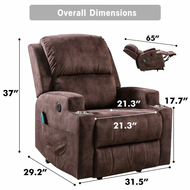 Massage and Heating Manual Recliner Chair with 2 Cup Holders Breathable Fabric