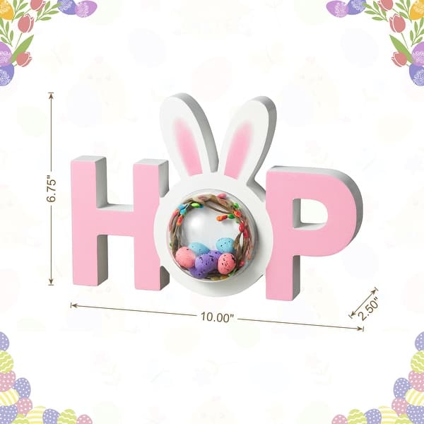 dimension image slide 3 of 6, Glitzhome Wooden Happy EASTER HOP with Artificial Rattan Table Sign Decor Centerpiece
