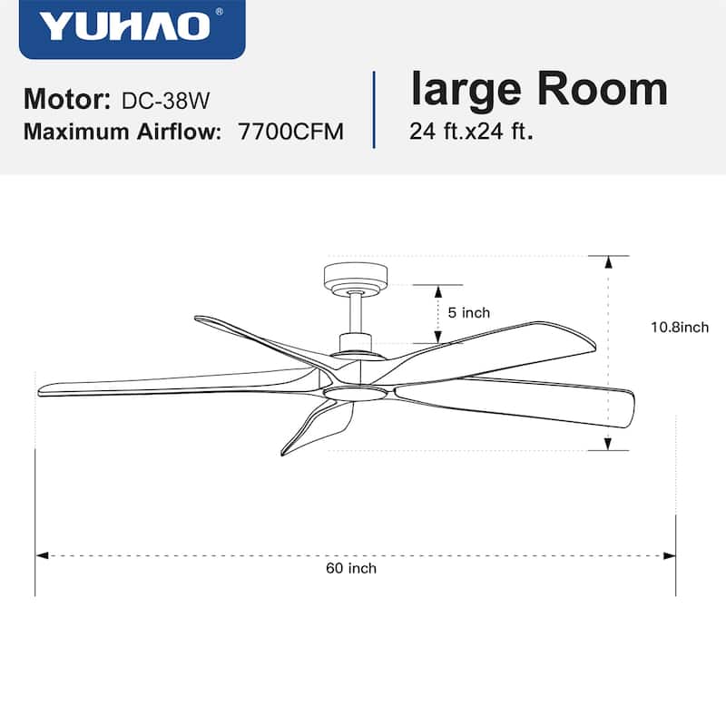 Farmhouse Walnut Wood Ceiling Fan with Remote Control,without Light