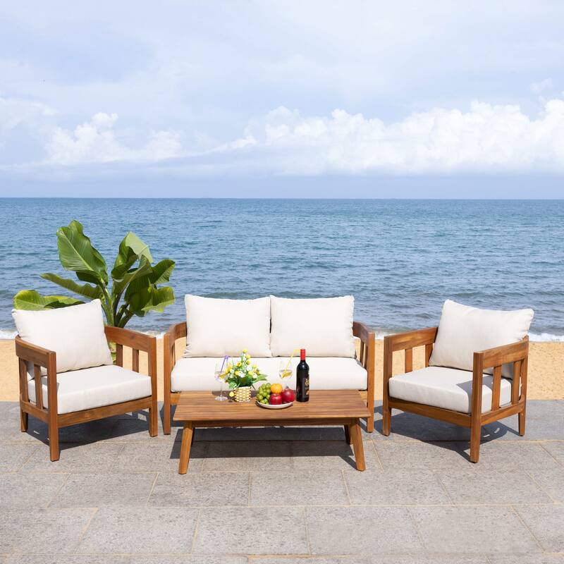 SAFAVIEH Owen 4-Piece Solid Wood Patio Conversation Set - 52"W x 30"D x 25"H