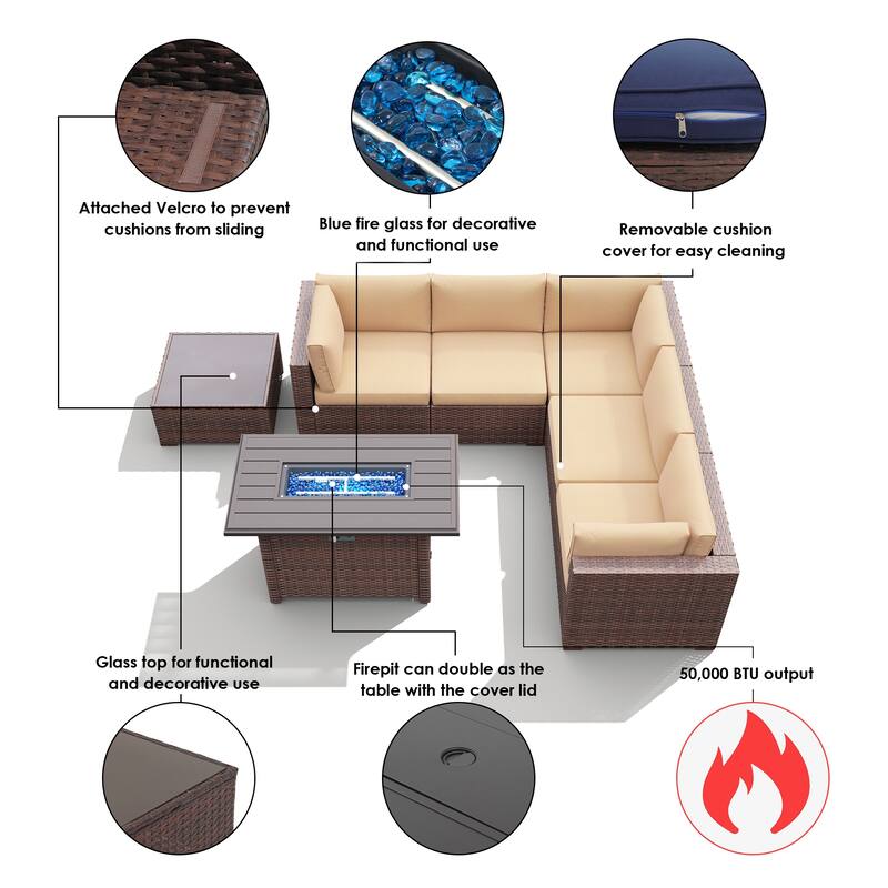 7 Piece Wicker Set Patio Sofa Furniture with Fire Pit And Table