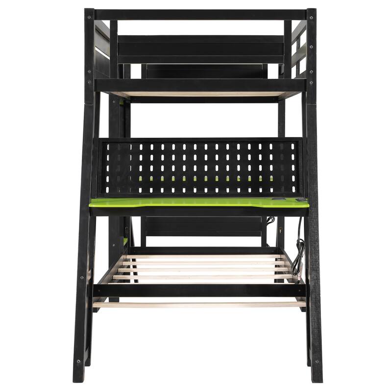 Roomfitters Twin Bunk Bed with Two Built-In Gaming Desks, USB Ports and Pegboard