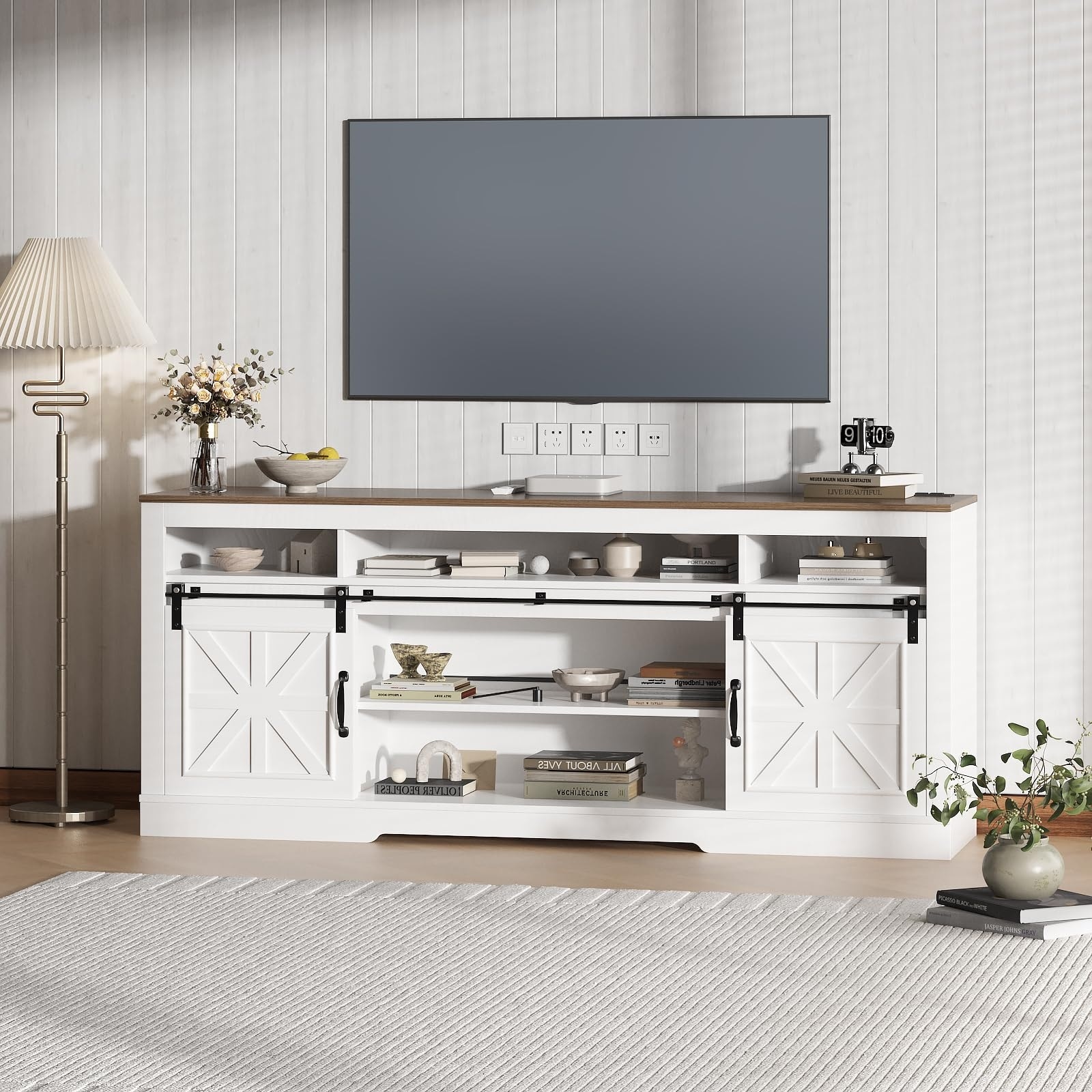 66" TV Stand for TVs up to 75", Media Console with Sliding Barn Doors, Power Outlets & Adjustable Shelves