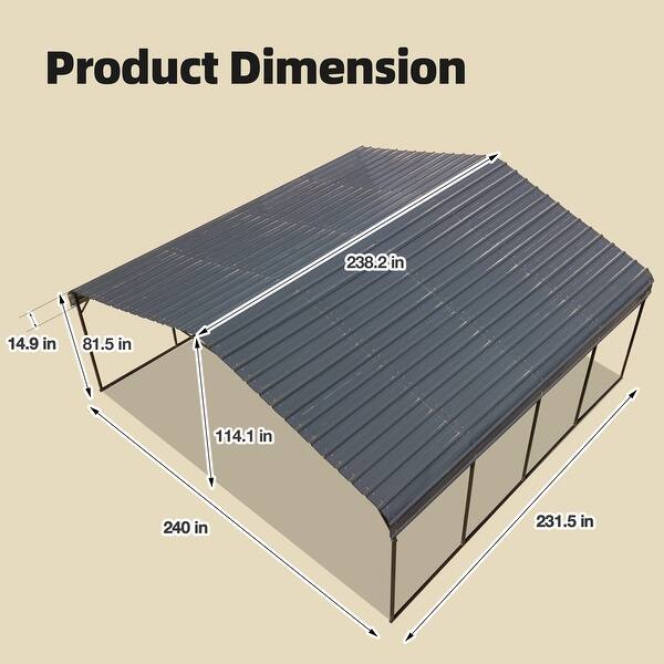 dimension image slide 4 of 12, Heavy-Duty Metal Carport with Upgraded Galvanized Steel Roof – Ideal Shelter for Cars, Boats, and Tractors