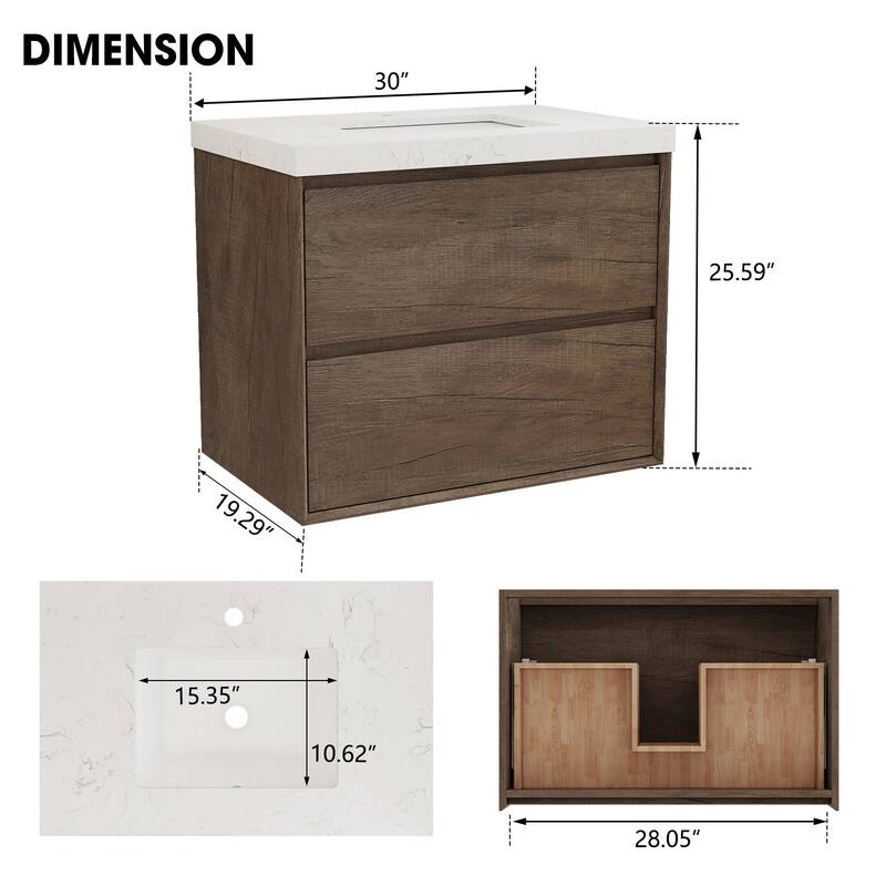 Sylphar 30 inch Bathroom Vanity with Sink, Floating Oak Cabinet with Stone Top