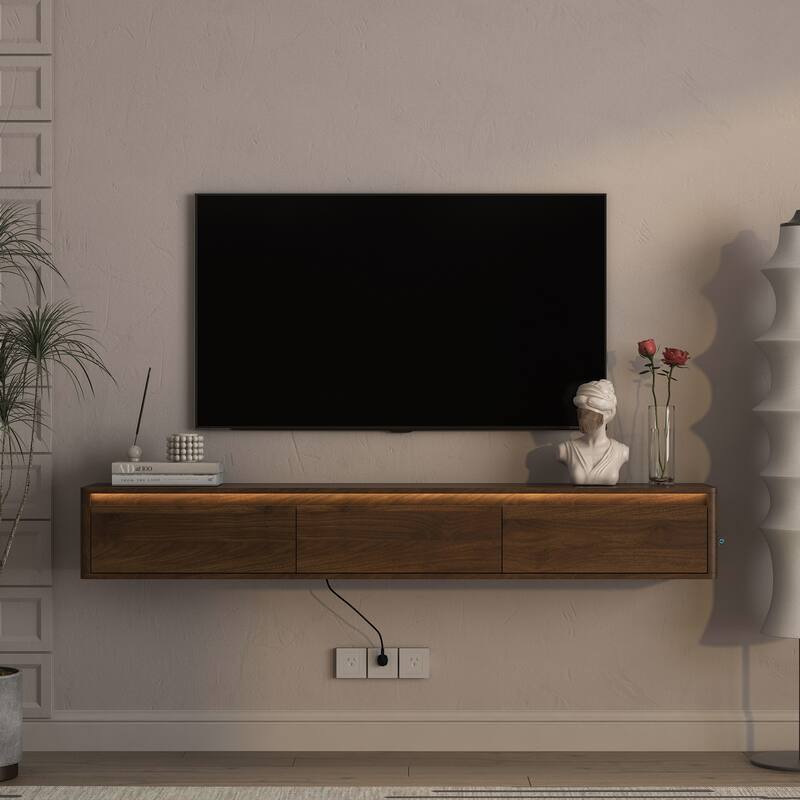 Floating TV Stand with Power Outlets & LED Lights, Mid-Century Modern High Gloss TV Cabinet Media Console Shelf