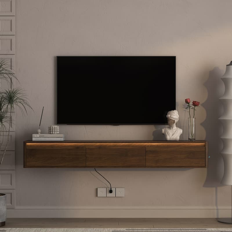 Wall Mounted TV Shelf with LED Lights & Power Outlet, High Gloss TV Cabinet for Wood TV Stands for Living Room