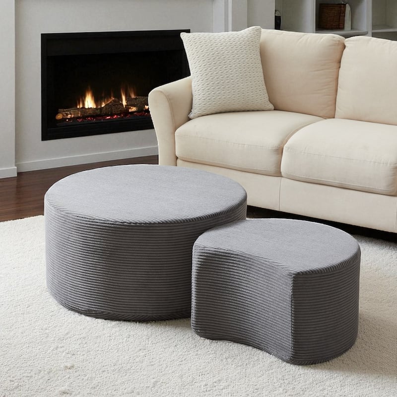 Set of 2 Round Nesting Coffee Tables, Upholstered Corduroy Ottoman Accent Tables, Modern Foam Design, No Assembly