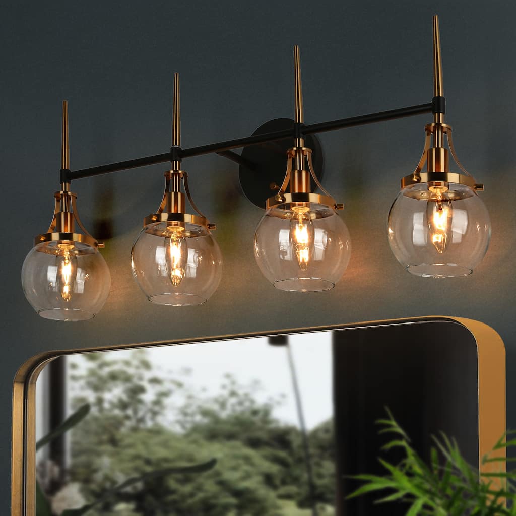 Beta Modern 4-Light Gold Black Bathroom Vanity Light Orb Glass Wall Sconce - 28.5''L x 7''W x 12.5''H
