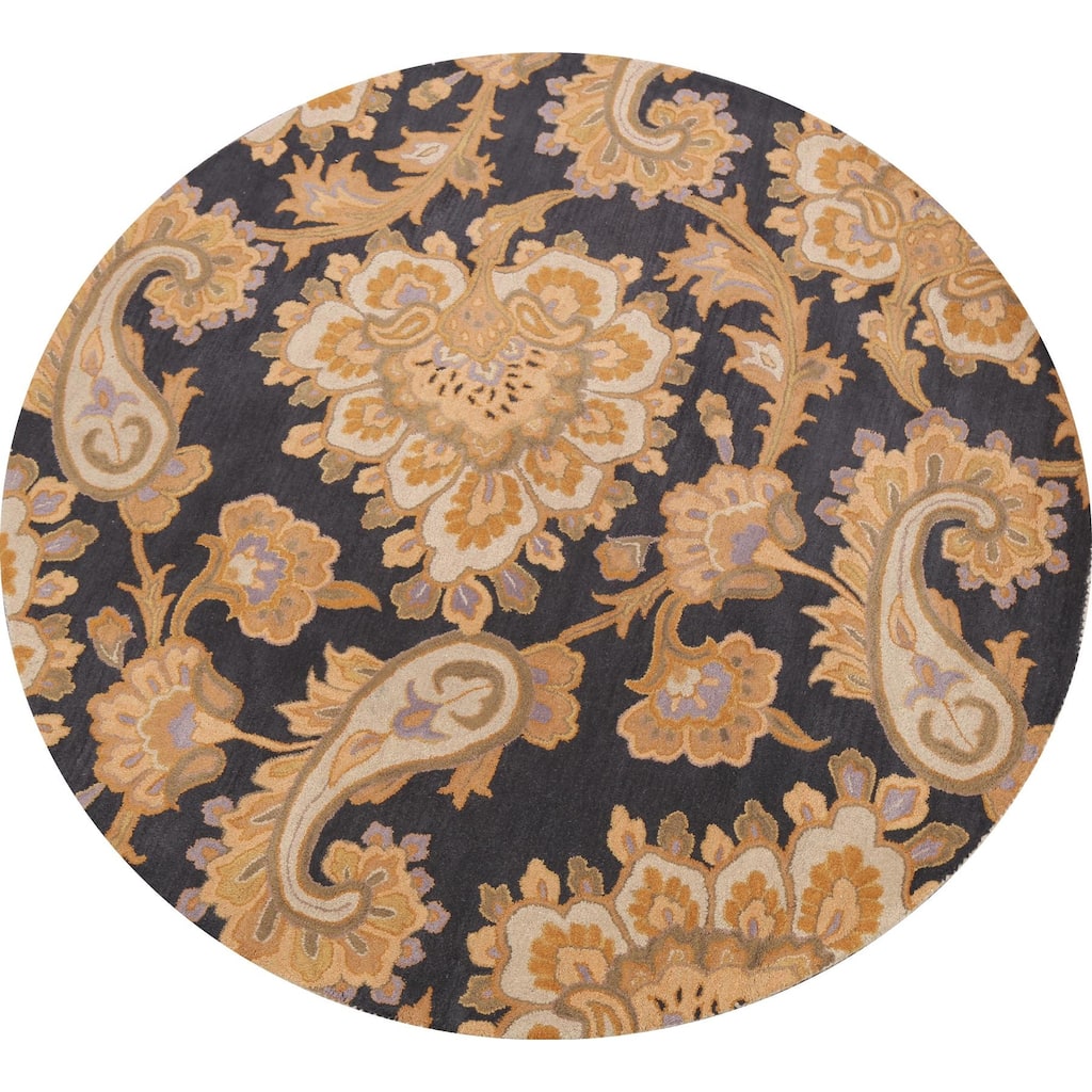 Charcoal Floral Paisley Oriental Area Rug Hand-tufted Wool Carpet - 8'0" x 8'0" Round