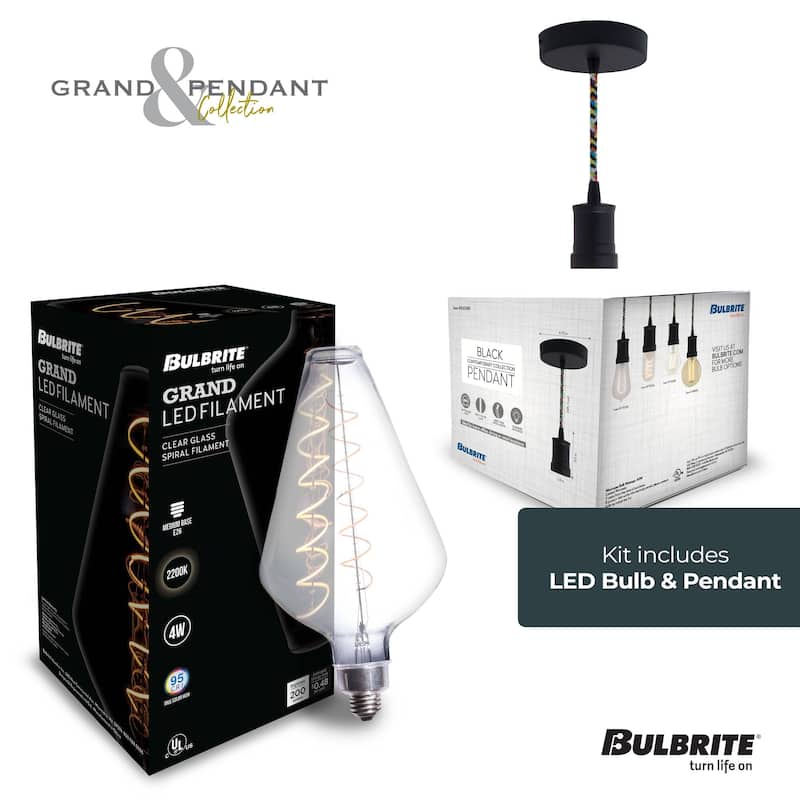 Bulbrite LED Grand Bulb and Pendant Kit Clear Glass 15" Diamond Shaped Bulb