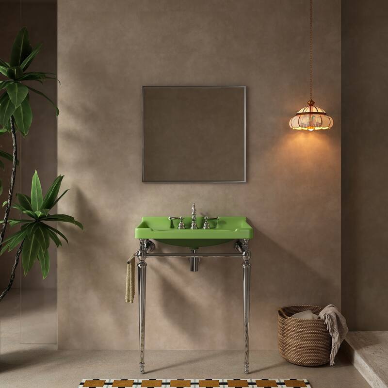 Wall-Mounted Bathroom Vanity with Ceramic Basin and Metal Legs - 28 - Chrome+Green