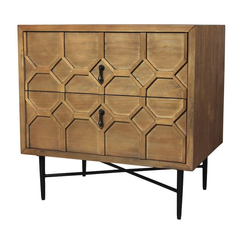 28" Natural Two Drawer Distressed Carved Geometric Solid Wood Nightstand