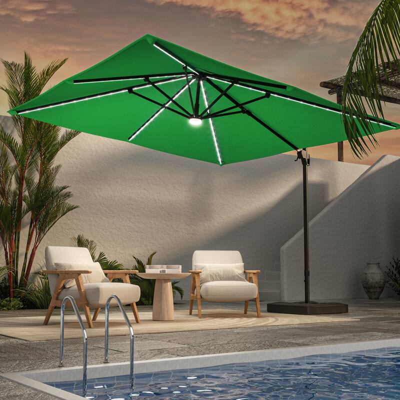 LIVOOSUN Patio10x10FT LED Aluminum Cantilever Umbrella Solution-Dyed Fabric w/Base - Forest Green