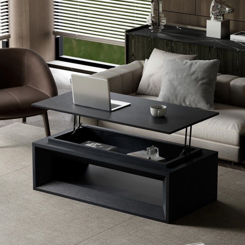 43.3" Lift-Top Coffee Table, Solid Wood Veneer Modern Accent Table with Storage and Adjustable Height