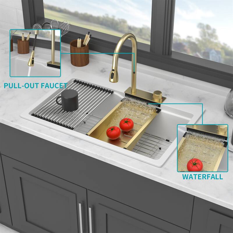 Single Bowl Drop In Waterfall Kitchen Sink with Pull-Out Faucet