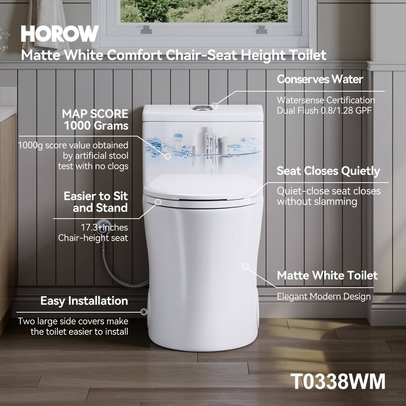 HOROW One Piece 0.8/1.28 GPF Dual Flush Elongated Matte White Toilet with ADA Height and Soft Close Seat - N/A