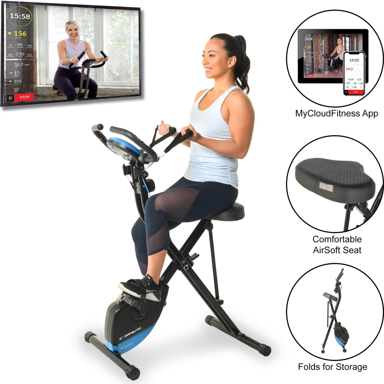 EXERPEUTIC Bluetooth Folding Upright Bike with Adjustable