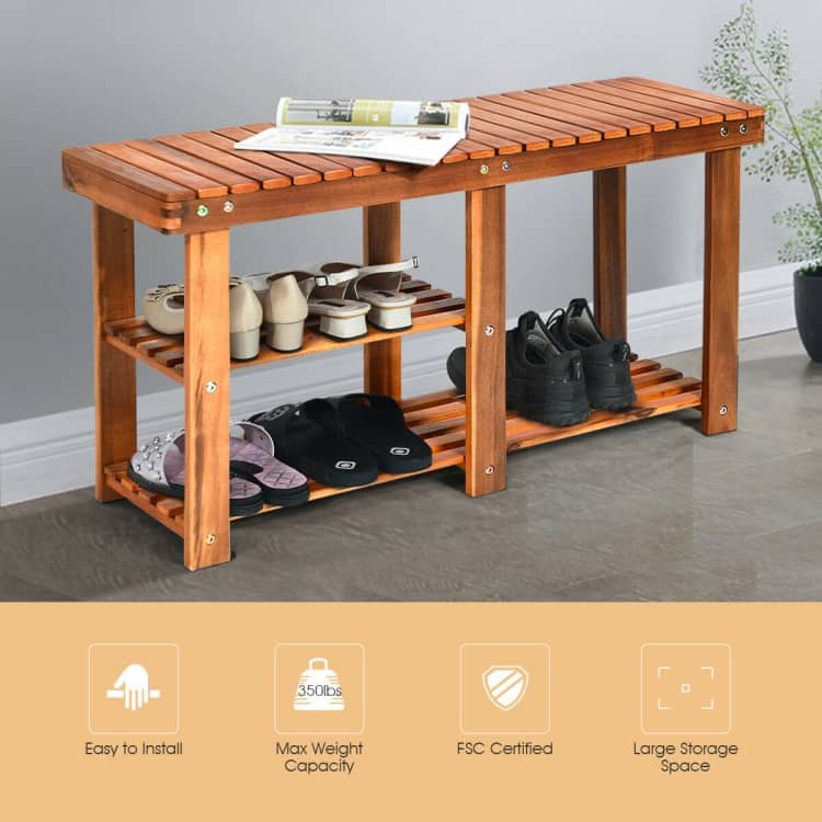 3-Tier Wooden Shoe Organizer with Bench for Entryway Storage - 34" x 11" x 17.5" (L x W x H)