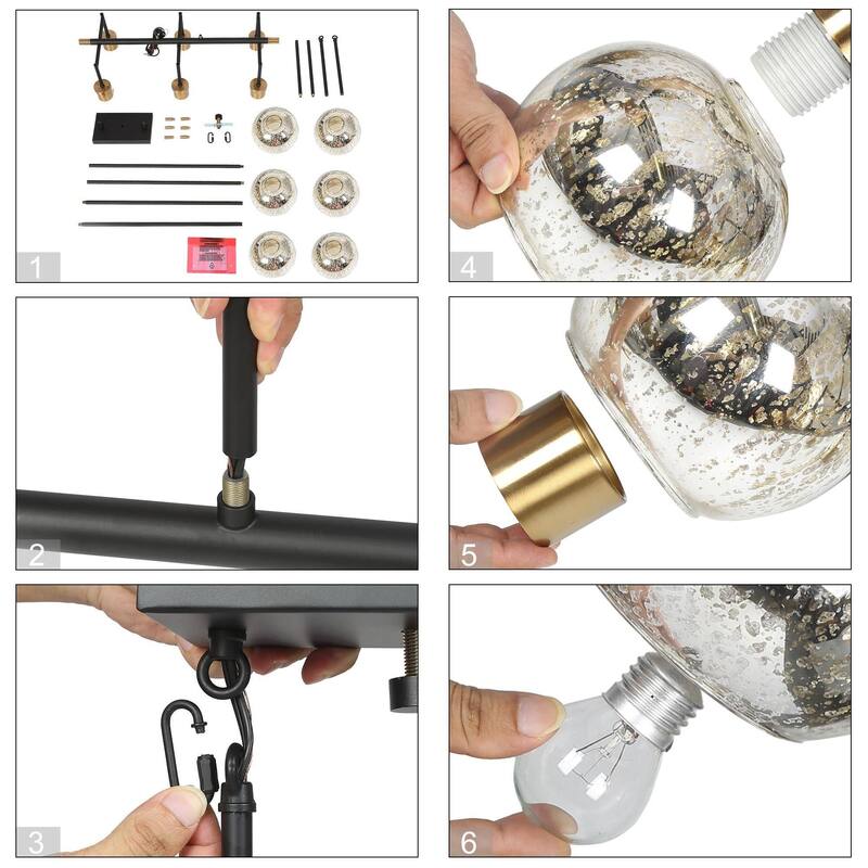 Modern Farmhouse 6-Light Black Gold Linear Chandelier Island Lights with Mercury Glass - 27.5" L x 14.5" W x 10" H