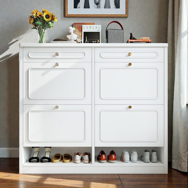 Wooden Shoe Cabinet with 4 Flip Drawers and 2 Storage Drawers, Farmhouse Shoe Storage Cabinet for Entryway Hallway - White