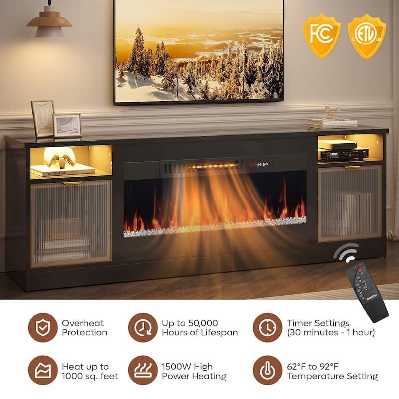 Bestier 71 in. Freestanding Fireplace TV Stand for TVs Up to 80 in. with Ample Storage in Glossy - 22.83hx71wx15.75d