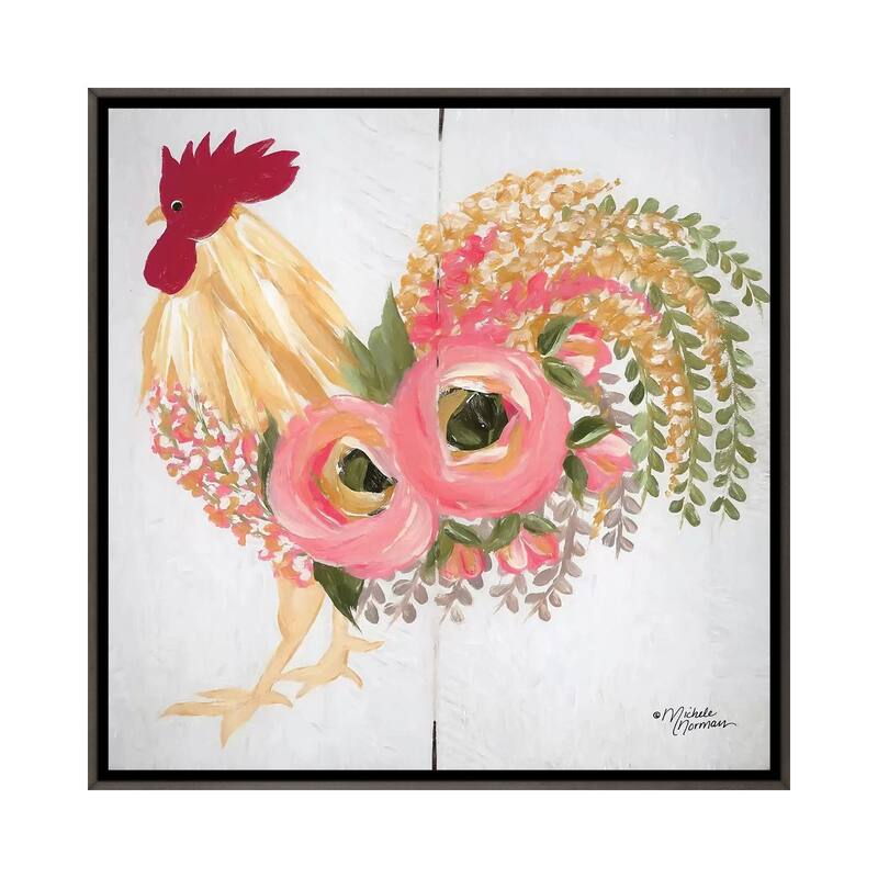 iCanvas "Floral Rooster on White" by Michele Norman Framed - Charcoal - 18x18