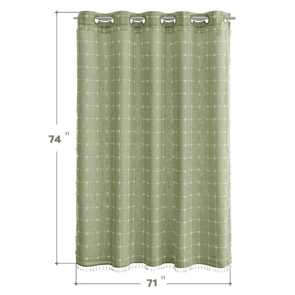 dimension image slide 3 of 4, No Hooks Linen Textured Geometric Tassels Shower Curtain with Snap-in Liner