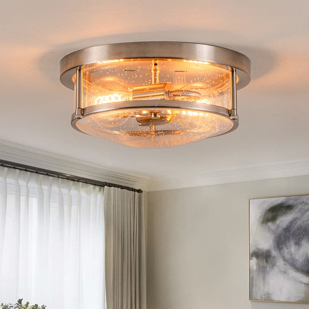 Farmhouse Black Round Seeded Glass Drum Semi Flush Ceiling Light -12in