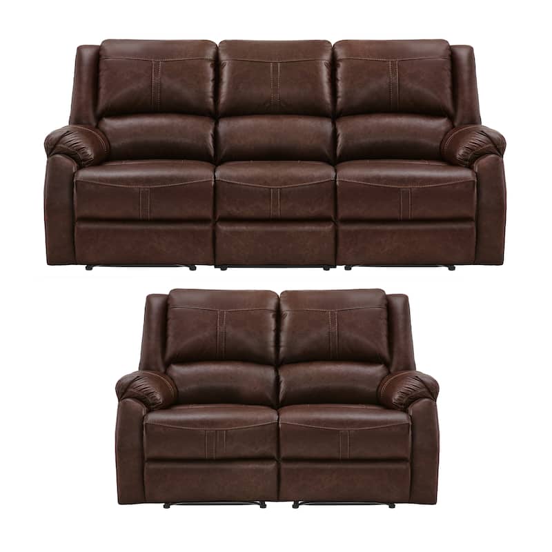 Modern Manual Recliner Chair, 2-Piece Faux Leather Reclining Sofa Set For Living Room, Black / Saddle Brown / Brown Double Color