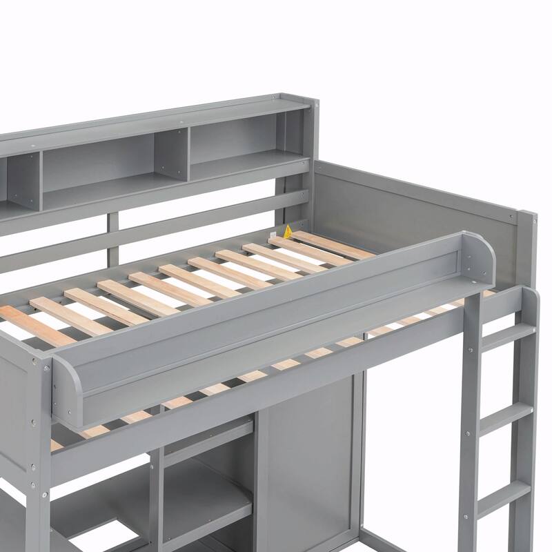 Wood Twin Size Loft Bed with Storage Shelves and Wardrobe