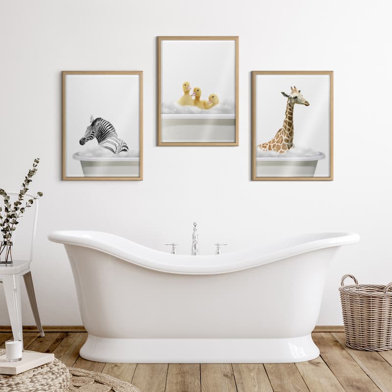 Kate and Laurel Blake Bathroom Bubble Bath 3 Ducks Framed Printed Glass by The Creative Bunch Studio - Natural