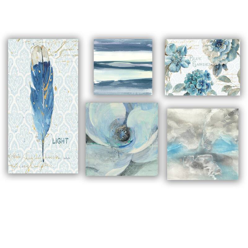 Designart "Blue Feather Collection" Traditional Wall Art set of 5 pieces - Blue