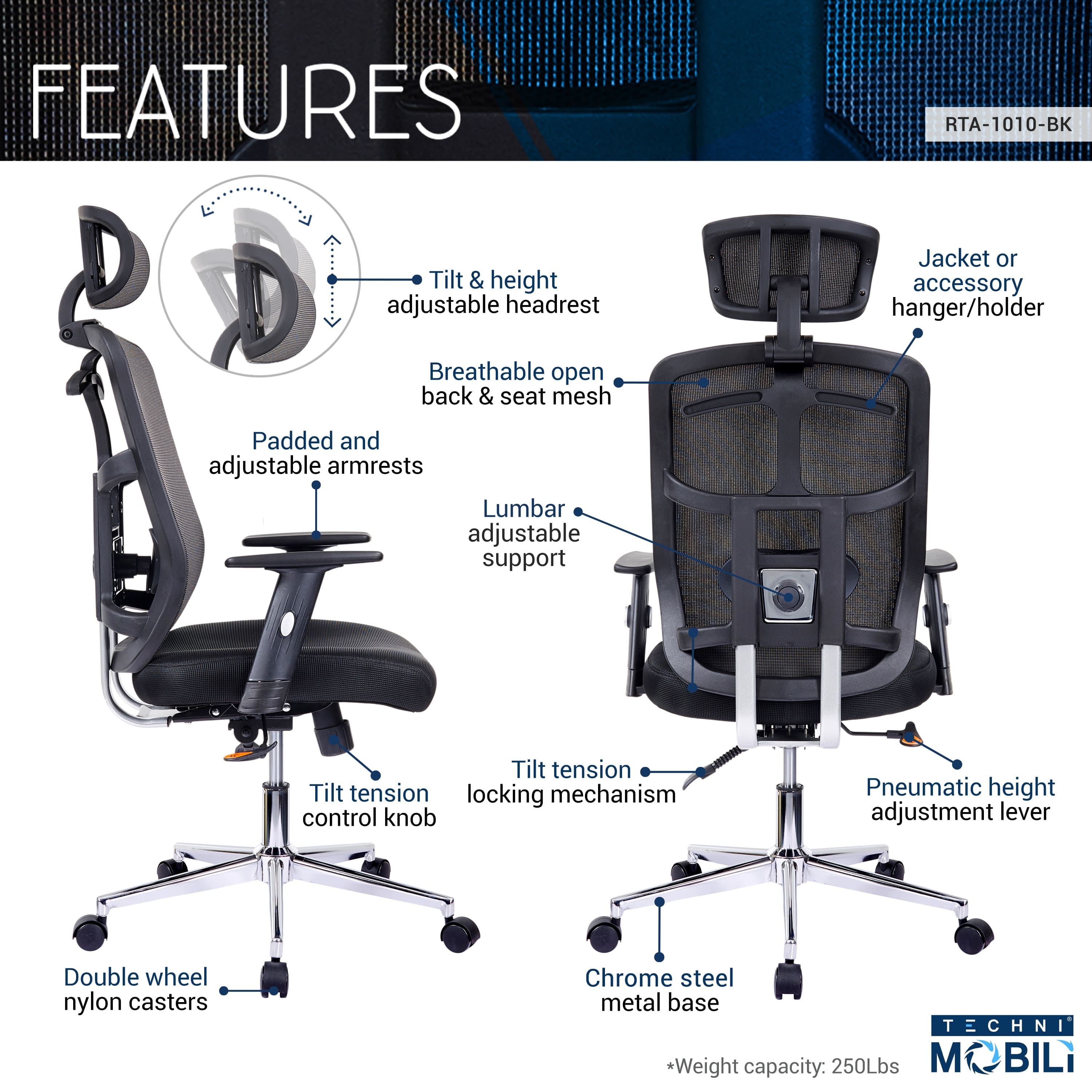 High Back Executive Mesh Office Chair with Arms, Lumbar Support and