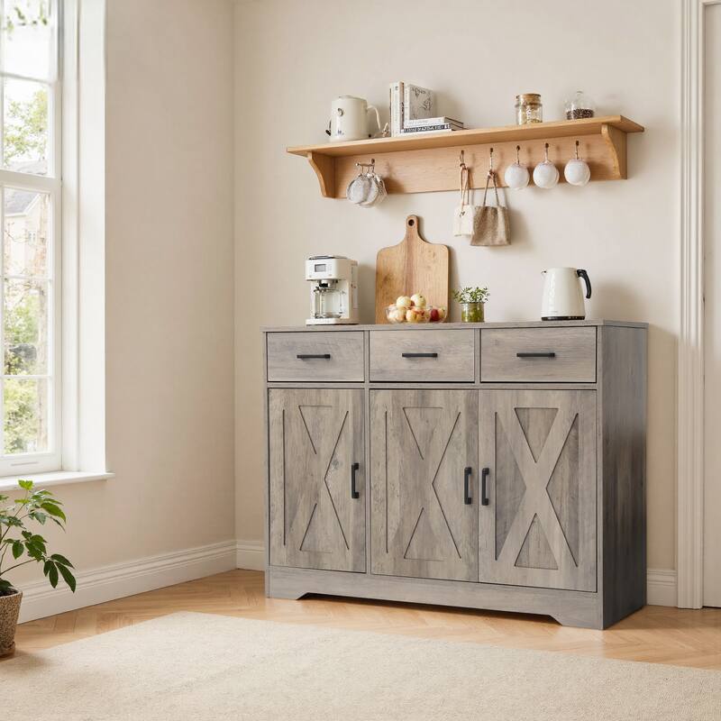 Barn Door Buffets Storage Cabinet Sideboards with 3 Drawers