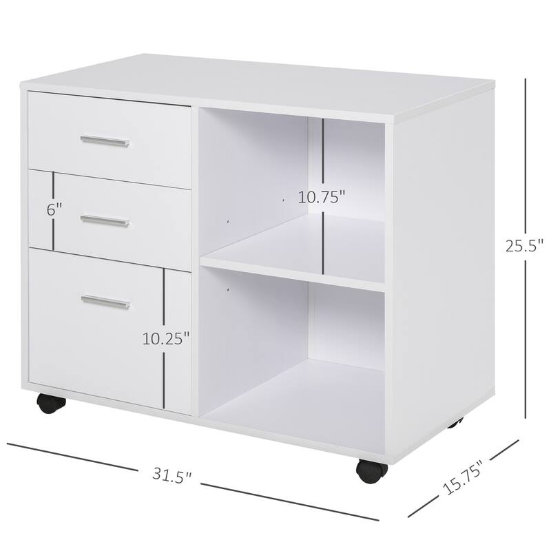 HOMCOM Indoor Office Storage Cabinet with 3 Storage Drawers, Open Shelving, & Wheels
