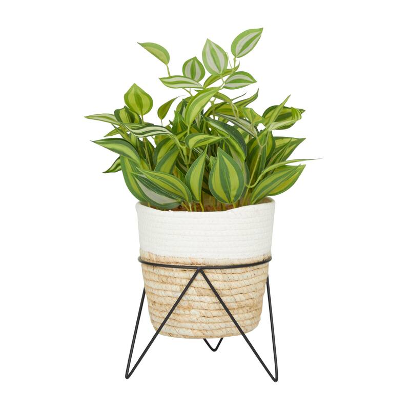 Faux Foliage Sanchezia Artificial Plant with Realistic Leaves and Rattan Pot and Black Stand - Green - Roche River Decor